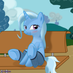 Size: 1024x1024 | Tagged: safe, artist:brucehun, artist:mrlolcats17, edit, trixie, pony, unicorn, g4, bench, blushing, female, fishnet stockings, mare, sitting, solo, trace, underhoof, watermark