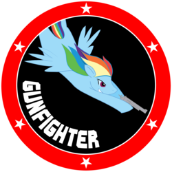 Size: 1329x1330 | Tagged: safe, artist:totallynotabronyfim, rainbow dash, pegasus, pony, g4, female, gun, handgun, hooves, mare, patch, revolver, solo, spread wings, teeth, text, weapon, wings