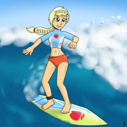 Size: 1280x1280 | Tagged: safe, artist:mkogwheel, applejack, equestria girls, g4, barefoot, belly button, clothes, drawthread, equestria girls minis, feet, female, hatless, midriff, missing accessory, solo, surfboard, surfing, swimsuit