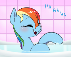 Size: 1156x916 | Tagged: safe, artist:doublewbrothers, edit, rainbow dash, pegasus, pony, g4, bath, comic panel, cropped, cute, daaaaaaaaaaaw, dashabetes, doublewbrothers is trying to murder us, female, laughing, mare, solo, splashing, weapons-grade cute, wet mane