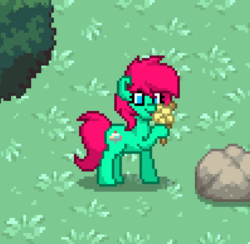 Size: 794x774 | Tagged: safe, artist:mystic blare, edit, editor:bitter pill, oc, oc only, oc:minty split, earth pony, pony, pony town, cute, female, food, grass, ice cream, mare, mlem, rock, tongue out, tree