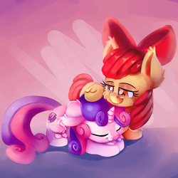 Size: 2000x2000 | Tagged: safe, artist:discorded, apple bloom, sweetie belle, g4, adorabloom, cuddling, cute, diasweetes, female, filly, high res, hnnng, sleeping, smiling