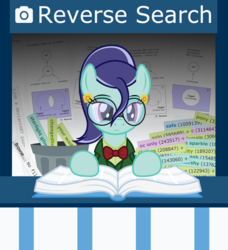 Size: 2144x2348 | Tagged: safe, artist:badumsquish, derpibooru exclusive, oc, oc only, oc:reverse search, earth pony, pony, derpibooru, blazer, book, bowtie, clothes, derpibooru ponified, ear piercing, earring, female, glasses, high res, information booth, jewelry, looking down, mare, meta, piercing, ponified, ponytail, reading, solo, tags, trash can, your waifu is trash