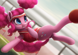 Size: 1200x850 | Tagged: safe, artist:vanillaghosties, pinkie pie, earth pony, pony, buckball season, g4, alternate hairstyle, bottomless, clothes, cute, diapinkes, female, mare, pinktails pie, smiling, solo