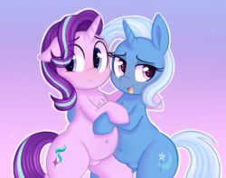 Size: 1243x981 | Tagged: safe, artist:toroitimu, starlight glimmer, trixie, pony, unicorn, belly button, belly touch, chest fluff, chubby, cute, diatrixes, female, floppy ears, glimmerbetes, gradient background, lesbian, mare, open mouth, plump, pubic mound, shipping, smiling, startrix