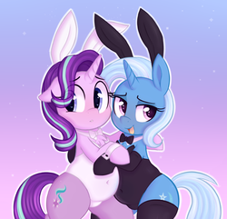 Size: 1244x1198 | Tagged: safe, artist:toroitimu, starlight glimmer, trixie, pony, unicorn, adorasexy, belly button, bunny ears, bunny suit, chest fluff, chubby, clothes, cute, diatrixes, female, glimmerbetes, gradient background, leotard, lesbian, mare, open mouth, plump, shipping, smiling, socks, startrix