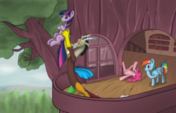 Size: 3586x2313 | Tagged: safe, artist:sv37, discord, pinkie pie, rainbow dash, twilight sparkle, draconequus, earth pony, pegasus, pony, unicorn, g4, balcony, circle of life, crossover, female, golden oaks library, high res, male, mare, parody, the lion king, twilight sparkle is not amused, unamused, unicorn twilight