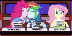 Size: 1251x638 | Tagged: safe, artist:ktd1993, fluttershy, pinkie pie, rainbow dash, equestria girls, g4, clothes, eyes closed, female, frown, kissing, lesbian, match game (game show), ship:pinkiedash, shipping