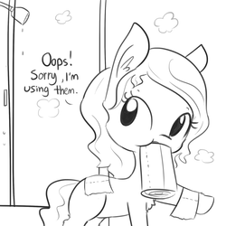 Size: 1650x1650 | Tagged: safe, artist:tjpones, oc, oc only, oc:brownie bun, earth pony, pony, horse wife, bathroom, brownie bun without her pearls, chest fluff, cute, dialogue, ear fluff, grayscale, monochrome, mouth hold, ocbetes, paper towels, shower, simple background, steam, white background