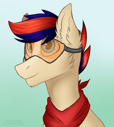 Size: 4500x5000 | Tagged: safe, artist:xanderserb, oc, oc only, oc:zephyr leaf, pony, absurd resolution, bandana, bust, colt, goggles, looking up, male, portrait, smiling, solo