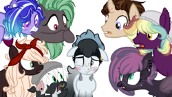 Size: 804x452 | Tagged: safe, artist:angei-bites, oc, oc only, oc:jitterbug, oc:nightshade, oc:rain cloud, bat pony, dragon, pegasus, pony, unicorn, base used, blind, chest fluff, curved horn, female, floppy ears, fluffy, freckles, frown, horn, male, mare, open mouth, scar, shocked, simple background, stallion, transparent background, wide eyes