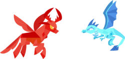 Size: 8877x4215 | Tagged: safe, artist:fruft, princess ember, thorax, changedling, changeling, dragon, g4, triple threat, absurd resolution, claws, dragon wings, dragoness, fangs, female, flying, horns, king thorax, lineless, male, minimalist, modern art, simple background, solo, spread wings, transparent background, vector, wings