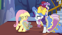 Size: 1920x1080 | Tagged: safe, screencap, fluttershy, rarity, fame and misfortune, g4, clothes, dress, frown, glare, hat, hoof on chin, levitation, magic, measuring tape, pose, rug, slow motion, stairs, stress couture, telekinesis, twilight's castle