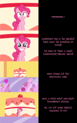 Size: 2000x3215 | Tagged: safe, artist:mlp-silver-quill, pinkie pie, earth pony, pony, comic:pinkie pie says goodnight, g4, cake, comic, female, food, high res, imminent consumption, imminent stuffing, mare, miniature pony, size difference, solo, sugarcube corner, this will end in diabetes, wingding eyes
