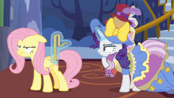 Size: 1152x648 | Tagged: safe, edit, screencap, fluttershy, rarity, fame and misfortune, g4, animated, annoyed, clothes, dress, female, frown, gif, glare, hat, hoof on chin, levitation, loop, magic, measuring tape, pose, rug, slow motion, stairs, stress couture, telekinesis, twilight's castle