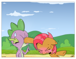 Size: 1024x805 | Tagged: safe, artist:loreto-arts, babs seed, spike, dragon, earth pony, pony, comic:friendship is innuendo, g4, angry, anime sweat drop, blushing, cartoon violence, duo, eyes closed, female, filly, floppy ears, funny, impacted face, male, pointing, punch, shipping denied, spikeabuse, sweatdrop, tsundere, vein