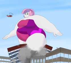 Size: 3800x3400 | Tagged: safe, artist:feyzer, rarity, sweetie belle, equestria girls, g4, bbw, city, clothes, destruction, fat, giantess, helicopter, high res, huge, legs together, macro, obese, one-piece swimsuit, ssbbw, sweetie belly, swimsuit