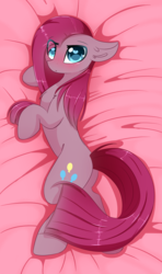 Size: 1024x1730 | Tagged: dead source, safe, artist:php146, pinkie pie, earth pony, pony, g4, bed, blushing, body pillow, body pillow design, butt, chest fluff, cute, cuteamena, diapinkes, ear fluff, eye clipping through hair, female, heart eyes, leg fluff, looking at you, mare, pinkamena diane pie, plot, solo, wingding eyes