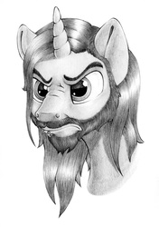 Size: 1812x2576 | Tagged: safe, artist:stallionslaughter, oc, oc only, pony, unicorn, angry, beard, bust, facial hair, frown, grayscale, lip piercing, male, monochrome, piercing, ponysona, portrait, solo, stallion
