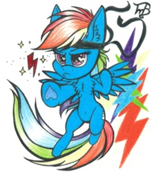 Size: 1024x1162 | Tagged: safe, artist:tillie-tmb, rainbow dash, pony, g4, action pose, bandage, bandana, belly button, chest fluff, chibi, female, headband, heart, heart eyes, hoof heart, solo, spread wings, traditional art, underhoof, wingding eyes, wings