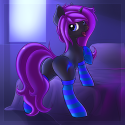 Size: 2000x2000 | Tagged: safe, artist:anti1mozg, oc, oc only, pony, unicorn, bed, butt, clothes, featureless crotch, high res, horn, looking back, plot, socks, striped socks, tongue out, unicorn oc, ych result
