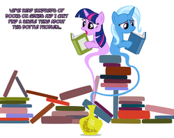 Size: 1048x830 | Tagged: safe, artist:navitaserussirus, trixie, twilight sparkle, pony, unicorn, asktwixiegenies, g4, book, cropped, female, lesbian, mare, ship:twixie, shipping