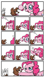 Size: 1350x2259 | Tagged: safe, artist:flutterluv, pinkie pie, winona, dog, earth pony, pony, g4, :t, ><, ball, comic, eyes closed, female, fetch, hoof in mouth, mare, open mouth, parody, pinkie pie is not amused, smiling, tail, tail wag, tongue out, unamused