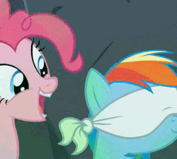 Size: 558x502 | Tagged: safe, screencap, daring do, pinkie pie, rainbow dash, pony, daring done?, g4, animated, blindfold, cropped, eye dilation, female, gif, mouth hold