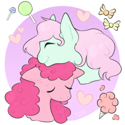 Size: 1000x1000 | Tagged: safe, artist:reverseau, minty, pinkie pie, pony, g3, g4, :p, candy, cotton candy, cute, eyes closed, female, floppy ears, food, g3 to g4, generation leap, gradient background, heart, lesbian, lollipop, mare, ship:pinkieminty, shipping, simple background, smiling, tongue out, transparent background