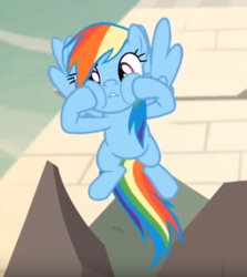Size: 754x844 | Tagged: safe, screencap, rainbow dash, pegasus, pony, daring done?, g4, female, flying, mare, rainbow dash is best facemaker, solo, squishy cheeks