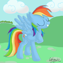 Size: 1000x1000 | Tagged: dead source, safe, artist:veggie55, rainbow dash, pegasus, pony, g4, eyes closed, female, grin, hoof on chest, smiling, solo, spread wings, standing, wings