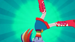 Size: 1400x777 | Tagged: safe, rainbow dash, eqg summertime shorts, equestria girls, g4, raise this roof, boots, breakdancing, clothes, dancing, dress, fall formal, fall formal outfits, multicolored hair, outfit, rainbow hair, sexy, shoes, upside down