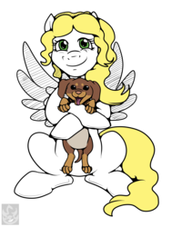 Size: 1943x2573 | Tagged: safe, artist:stormblaze-pegasus, oc, oc only, oc:clover, dog, pegasus, pony, commission, female, green eyes, hug, looking at you, mare, puppy, simple background, sitting, smiling, spread wings, transparent background, wings