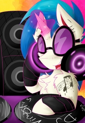 Size: 900x1300 | Tagged: safe, artist:chrystalestia, dj pon-3, vinyl scratch, pony, unicorn, g4, chest fluff, fluffy, glowing horn, headphones, horn, record, smiling, solo, stereo, sunglasses, tattoo, turntable, wub