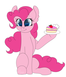 Size: 2471x2862 | Tagged: safe, artist:tomboygirl45, pinkie pie, earth pony, pony, g4, cake, female, food, high res, hoof hold, signature, simple background, sitting, solo, transparent background