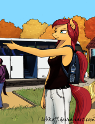 Size: 1304x1698 | Tagged: safe, artist:apocheck13, oc, oc only, anthro, anthro oc, autumn, backpack, bus, clothes, female, finger gun, pants, shirt, smiling