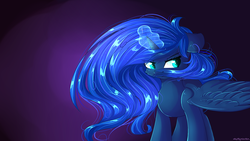 Size: 1920x1080 | Tagged: safe, artist:mitralexa, princess luna, alicorn, pony, g4, female, floppy ears, frown, magic, mare, signature, solo, standing