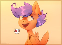 Size: 1800x1300 | Tagged: safe, artist:cloudyhills, scootaloo, pegasus, pony, g4, bust, female, filly, heart, looking up, missing teeth, open mouth, simple background, solo, yellow background