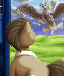 Size: 1024x1219 | Tagged: safe, artist:peachmayflower, derpy hooves, doctor whooves, time turner, earth pony, pegasus, pony, g4, beautiful, cloud, doctor who, feather, female, fluffy, flying, grass, large wings, majestic, male, mare, sky, smiling, spread wings, stallion, tardis, the doctor, wings