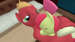 Size: 1280x720 | Tagged: safe, artist:papadragon69, apple bloom, big macintosh, g4, 3d, bed, brother and sister, cuddling, female, male, source filmmaker