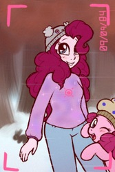 Size: 745x1116 | Tagged: source needed, safe, artist:breezietype, pinkie pie, earth pony, human, koala, pony, rabbit, equestria girls, g4, alternate clothes, beanie, camera shot, clothes, female, food, forest, hat, human and pony, human ponidox, looking at you, mare, muffin, one eye closed, self ponidox, sideways image, snow, sweater, tree, wink