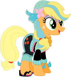 Size: 356x385 | Tagged: safe, artist:selenaede, artist:user15432, applejack, earth pony, pony, g4, bandana, base used, clothes, cosplay, costume, crossover, female, flower, flower in hair, jewelry, lagoona blue, mare, mattel, monster high, necklace, sandals, sea creature, sea monster, solo