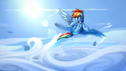 Size: 3820x2160 | Tagged: safe, artist:justafallingstar, rainbow dash, pegasus, pony, g4, cloud, featured image, featureless crotch, female, flying, frog (hoof), high res, lens flare, mare, scenery, scenery porn, sky, smiling, solo, spread wings, sun, tail, underhoof, wings, zeppelin