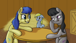 Size: 4000x2300 | Tagged: safe, artist:stink111, derpy hooves, fiddlesticks, octavia melody, pony, g4, apple family member, backwards cutie mark, barn, cottagecore, floppy ears, hay, high res, missing accessory, rope, table
