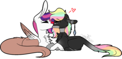 Size: 1158x566 | Tagged: safe, artist:sweetmelon556, oc, oc only, oc:ava, oc:velvet feather, earth pony, original species, pony, alukina, colored wings, female, kissing, lesbian, mare, multicolored wings, oc x oc, shipping, simple background, transparent background