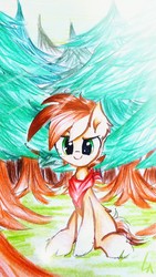 Size: 1917x3411 | Tagged: safe, artist:liaaqila, oc, oc only, oc:buck evergreen, earth pony, pony, bandana, colored, cute, ear fluff, forest, grass, looking at you, male, signature, sitting, smiling, solo, stallion, traditional art, tree