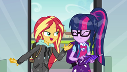 Size: 1280x720 | Tagged: safe, screencap, sci-twi, sunset shimmer, twilight sparkle, eqg summertime shorts, equestria girls, g4, monday blues, backpack, clothes, duo, geode of telekinesis, hoodie, magical geodes, shipping fuel, umbrella, wet hair