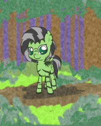 Size: 1000x1246 | Tagged: safe, artist:happy harvey, oc, oc only, oc:anon, oc:filly anon, zebra, :t, bush, colored, colored background, cute, cutie mark, dock, female, filly, forest, grass, legs, looking at you, mane, phone drawing, race swap, smiling, solo, standing, stripes, tail, tree, zebra oc