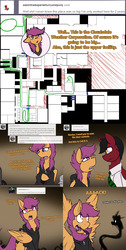 Size: 1500x2970 | Tagged: safe, artist:conmanwolf, scootaloo, oc, oc:chairman, oc:dr. atmosphere, pegasus, pony, ask factory scootaloo, fanfic:rainbow factory, g4, blueprint, clothes, comic, factory scootaloo