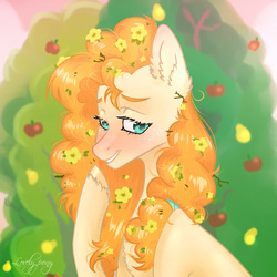 Size: 1000x1000 | Tagged: safe, artist:lovely-pony, pear butter, earth pony, pony, g4, the perfect pear, female, flower, flower in hair, mare, smiling, solo, tree
